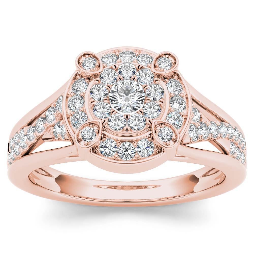 Natural 10k Rose Gold 0.50Ct Round Diamond Cluster Halo Engagement Ring Set HI