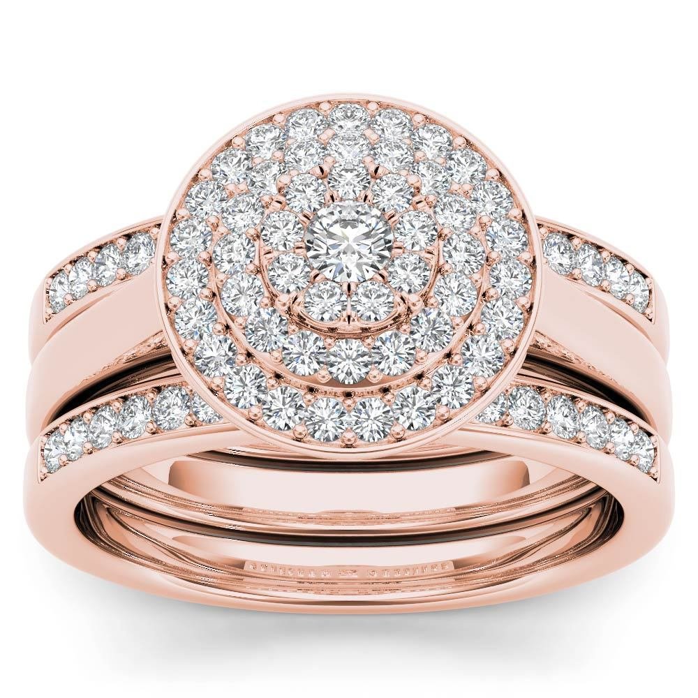 Solid 14k Rose Gold 0.40Ct Diamond Cluster Double Halo Engagement Ring Set HI,I2