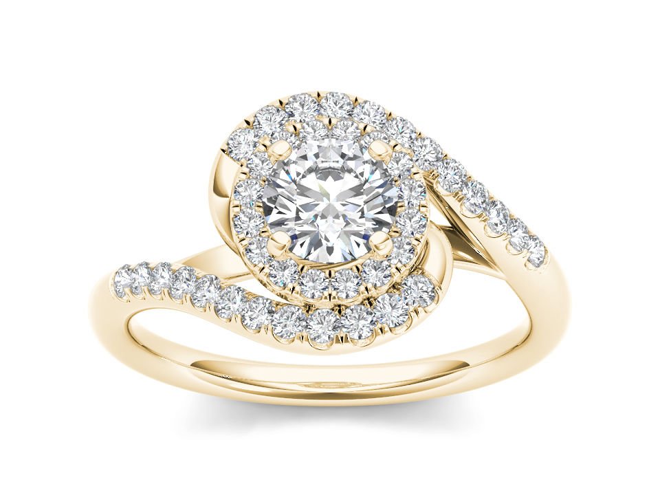 14K Yellow Gold 1.00 Ct Round Cut Diamond Bypass Single Halo Engagement Ring HI