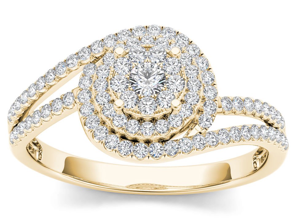 10k Yellow Gold 0.33 Ct Round Cut Diamond Bypass Cluster Halo Engagement Ring