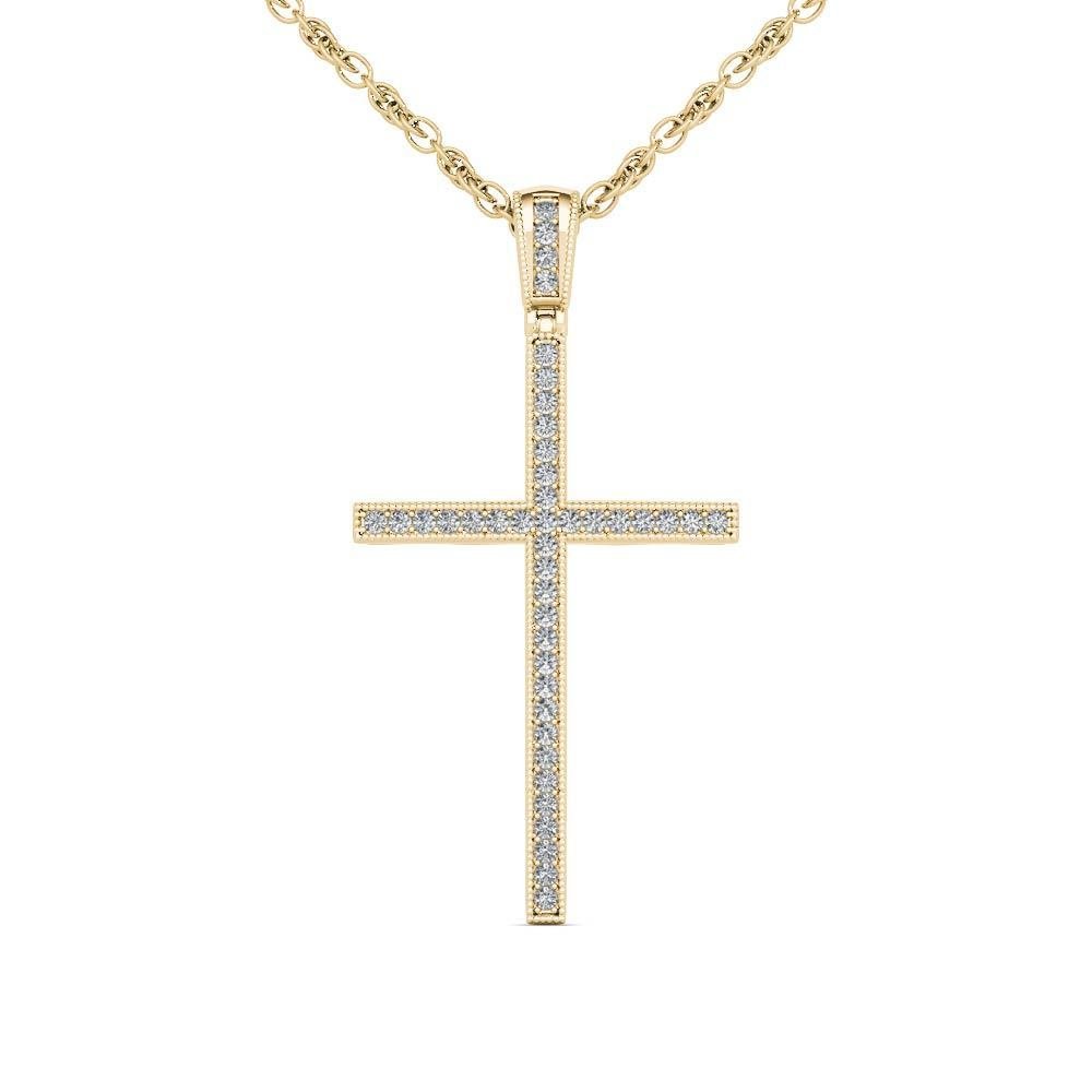Solid 10k Yellow Gold 0.15Ct Round Cut Diamond  Cross Pendant Necklace HI I2