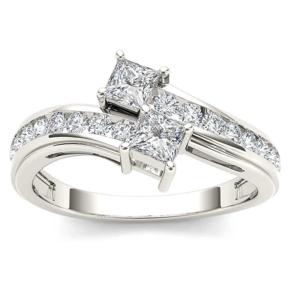 14K White Gold 0.75 Ct Brillant Princess Cut Diamond Two Stone Engagement Ring