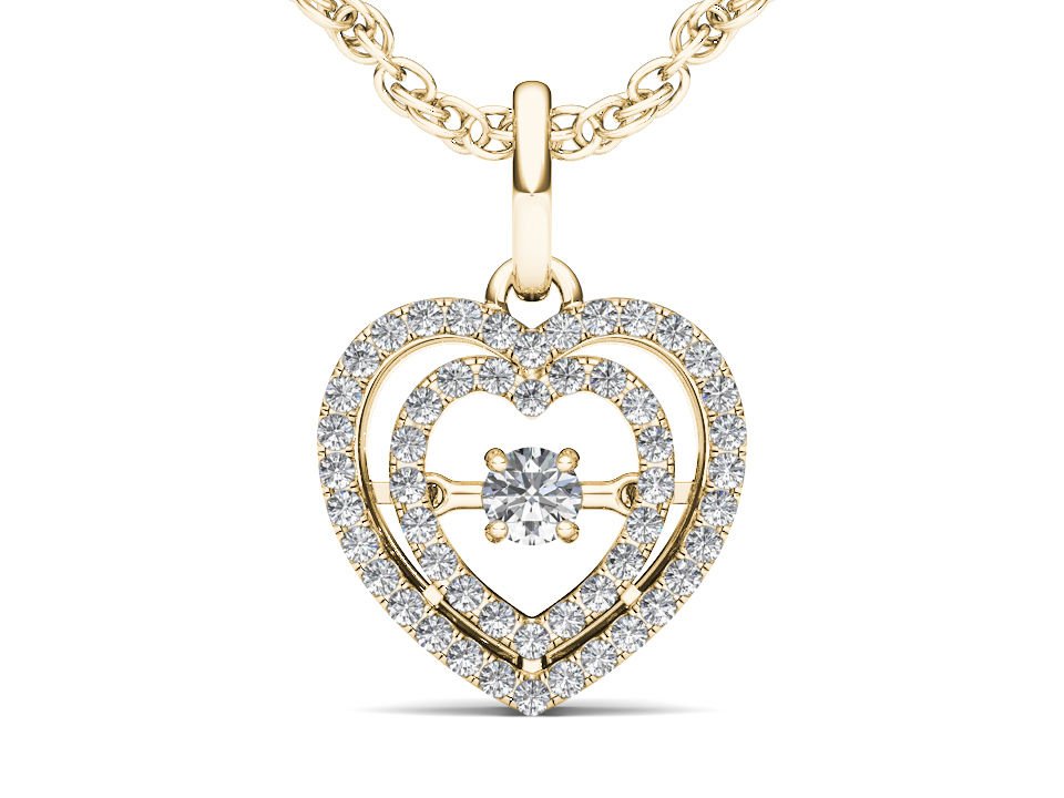 10k Yellow Gold 0.18 Ct Round Cut Diamond Dual Heart Beat Pendant Necklace HI I2