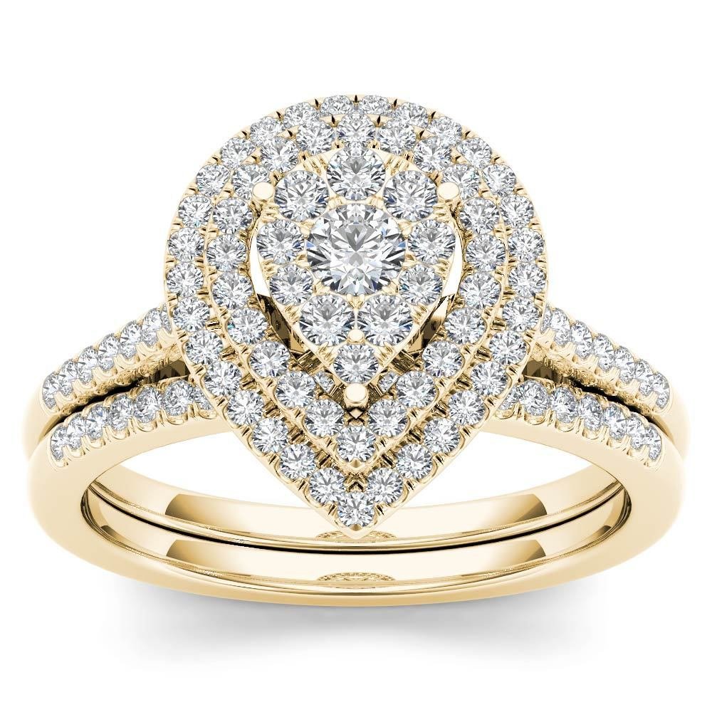 0.50 Ct 14K Yellow Gold Round Cut Diamond Pear Shaped Halo Engagement Ring