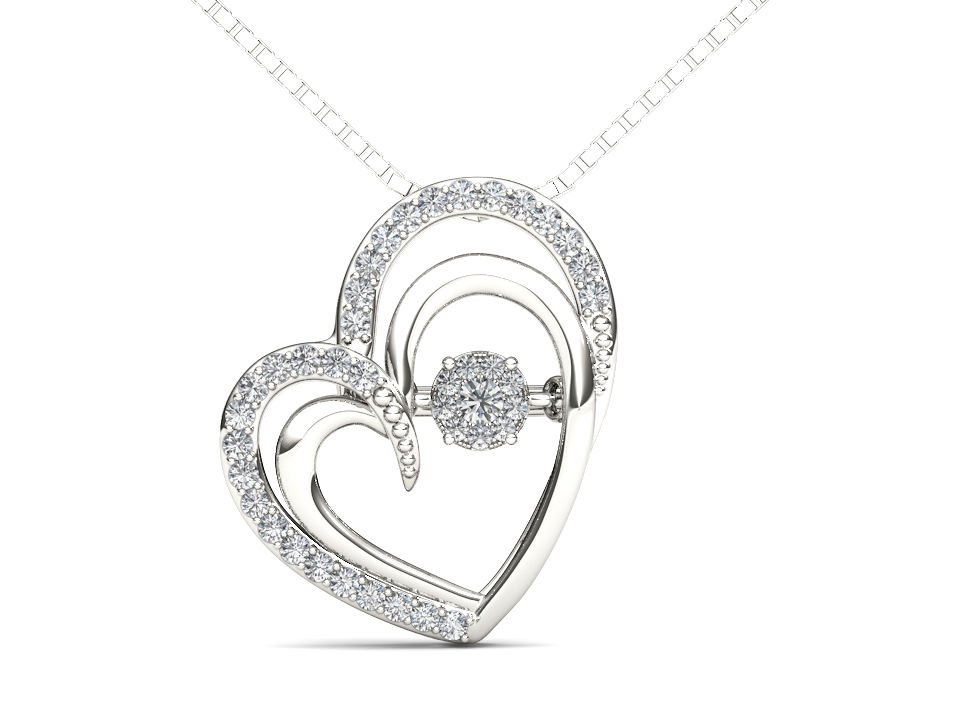 10k White Gold 0.15 Ct Round Cut Diamond Dual Heart Beat Pendant Necklace HI I2
