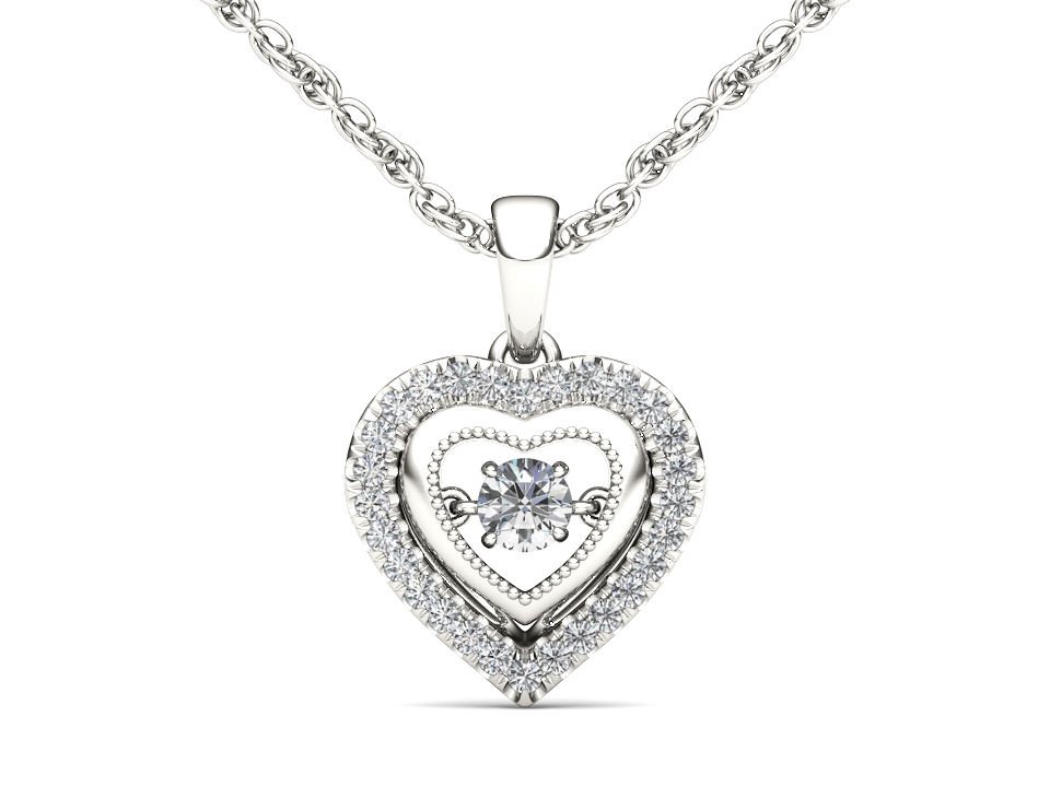 10k White Gold 0.33 Ct Round Cut Diamond Dual Heart Beat Pendant Necklace HI I2