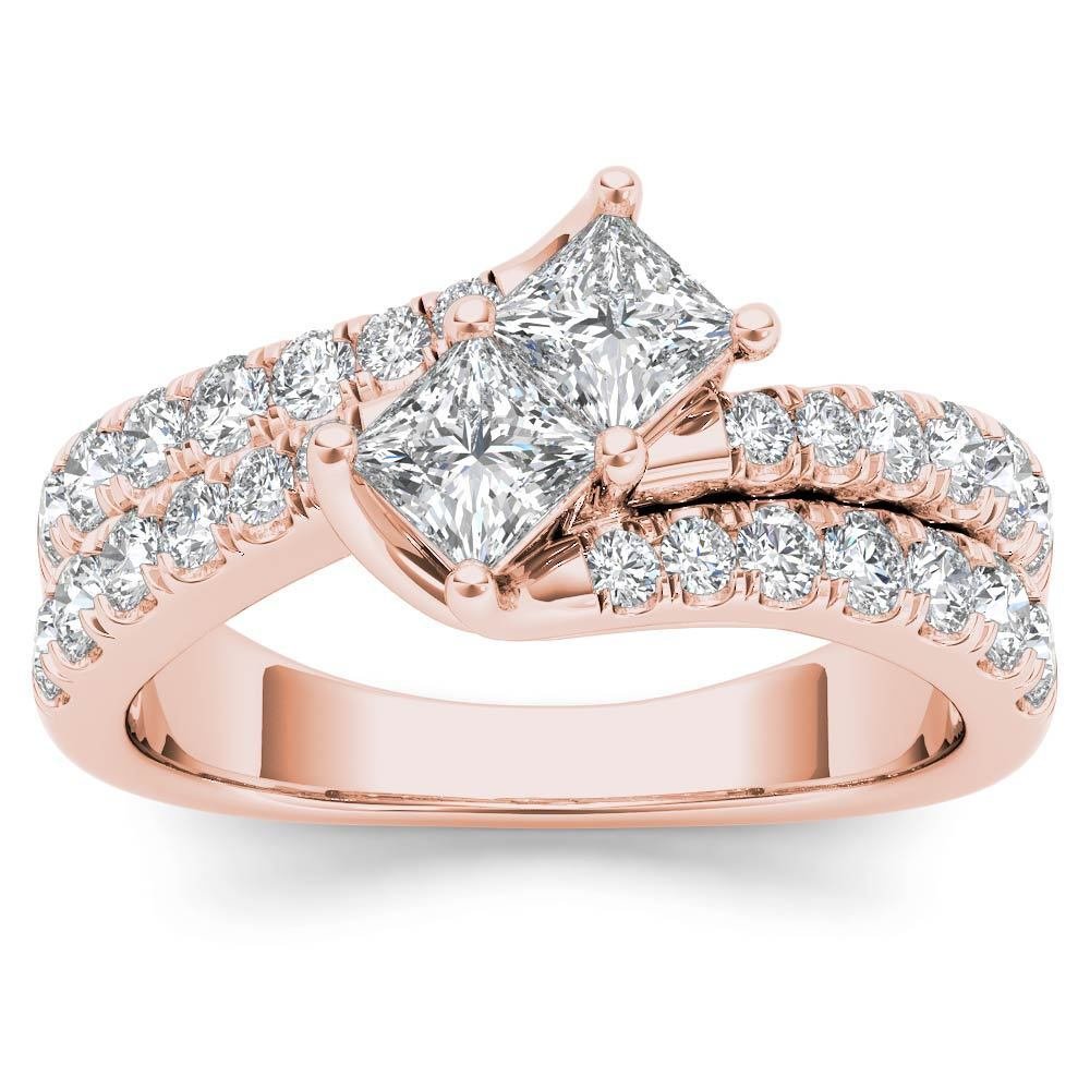 14K Rose Gold 1.50 Ct Brillant Princess Cut Diamond Two Stone Engagement Ring