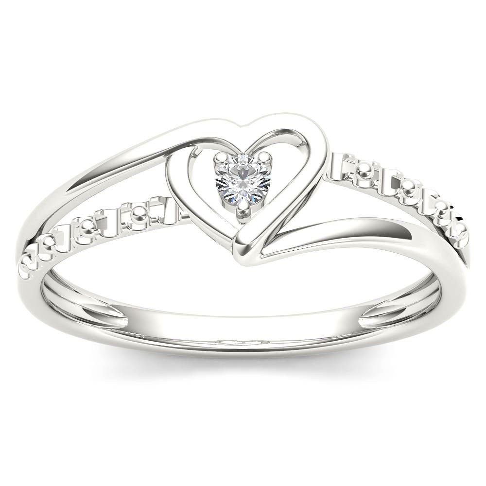 Solid 10k White Gold 0.04 Ct Round Cut Diamond Heart Engagement Fashion Ring