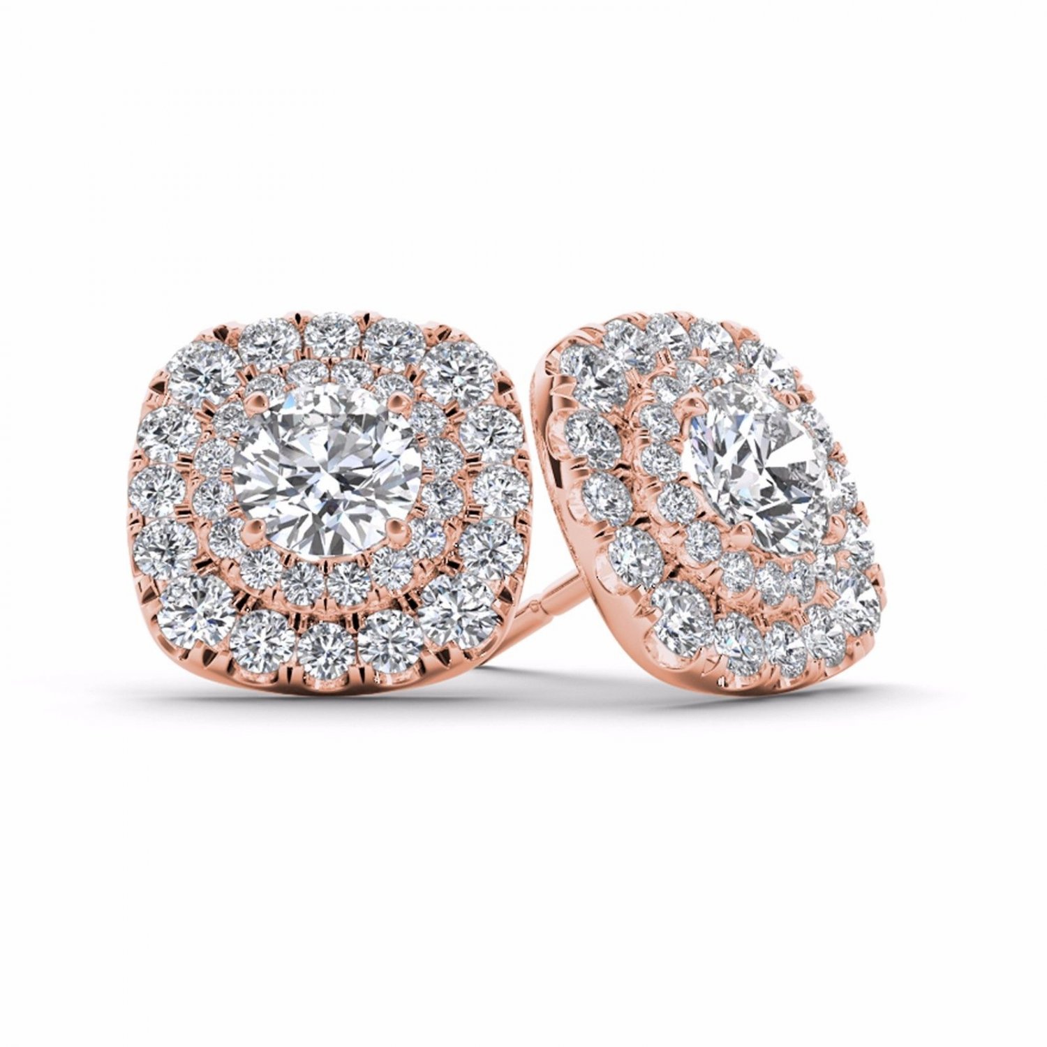 0.75 Ct Natural Round Cut Diamond Double Halo Stud Earrings in 10k Rose Gold