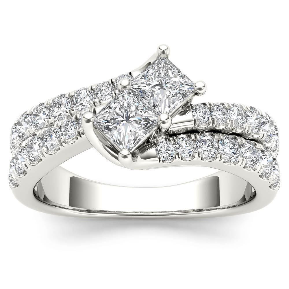 14K White Gold 1.50 Ct Brillant Princess Cut Diamond Two Stone Engagement Ring