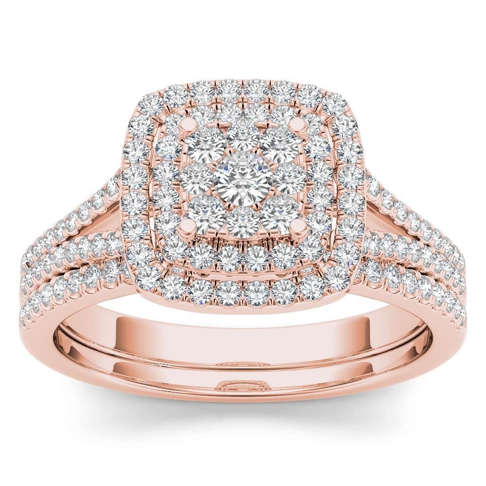 14k Rose Gold 0.50Ct Natural Diamond Cushion Shaped Halo Engagement Ring Set
