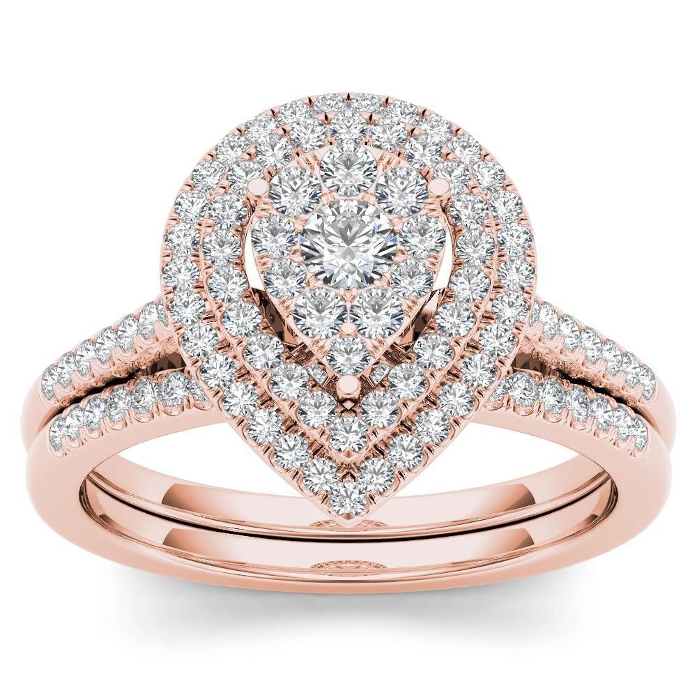 0.50 Ct 14K Rose Gold Round Cut Diamond Pear Shaped Halo Engagement Ring