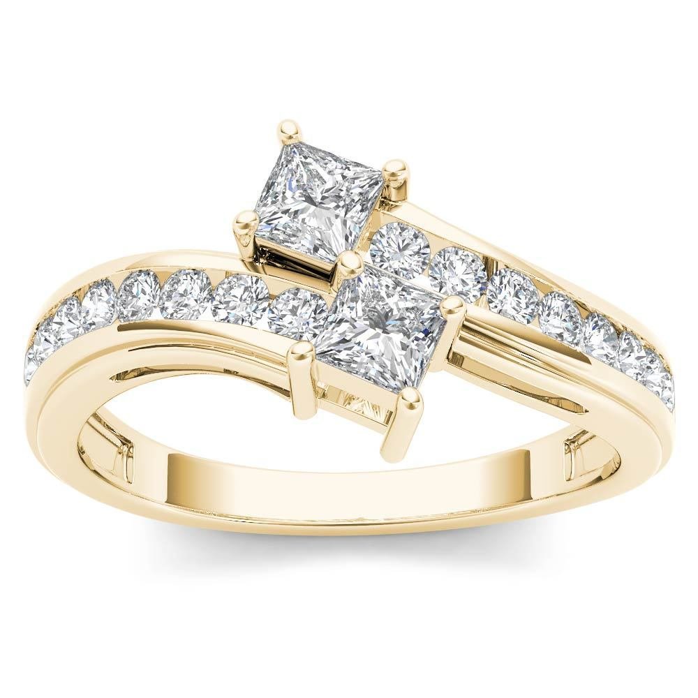 14K Yellow Gold 0.75 Ct Brillant Princess Cut Diamond Two Stone Engagement Ring