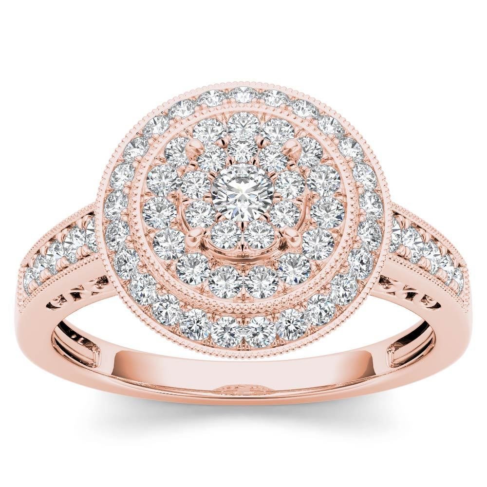 Solid 10k Rose Gold 0.50Ct Diamond Round Cluster Halo Engagement Ring Set  HI,I2