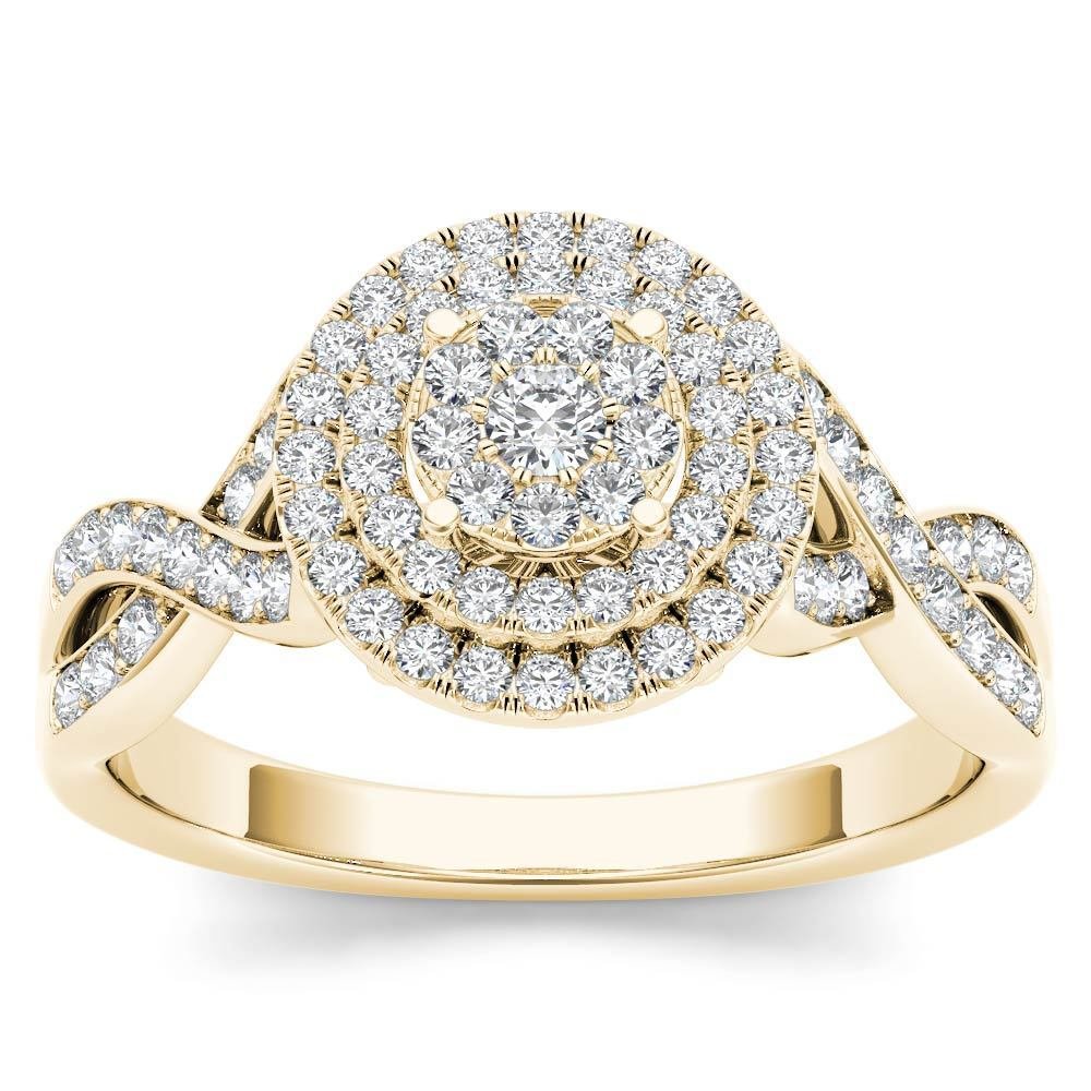 10k Yellow Gold 0.40Ct Diamond Cluste Double Halo Bypass Engagement Ring HI,I2