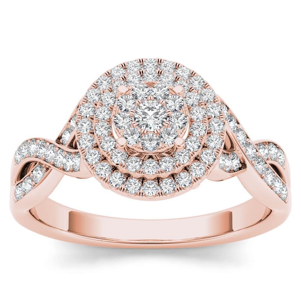 10k Rose Gold 0.40Ct Diamond Cluster Double Halo Bypass Engagement Ring HI,I2