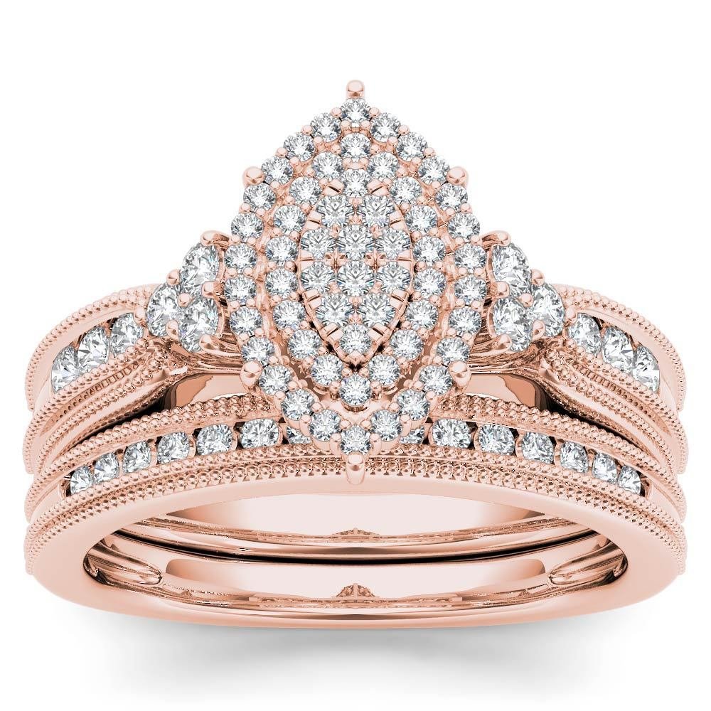 Solid 10k Rose Gold 0.50Ct Diamond Pear Shaped Cluster Halo Engagement Ring Set