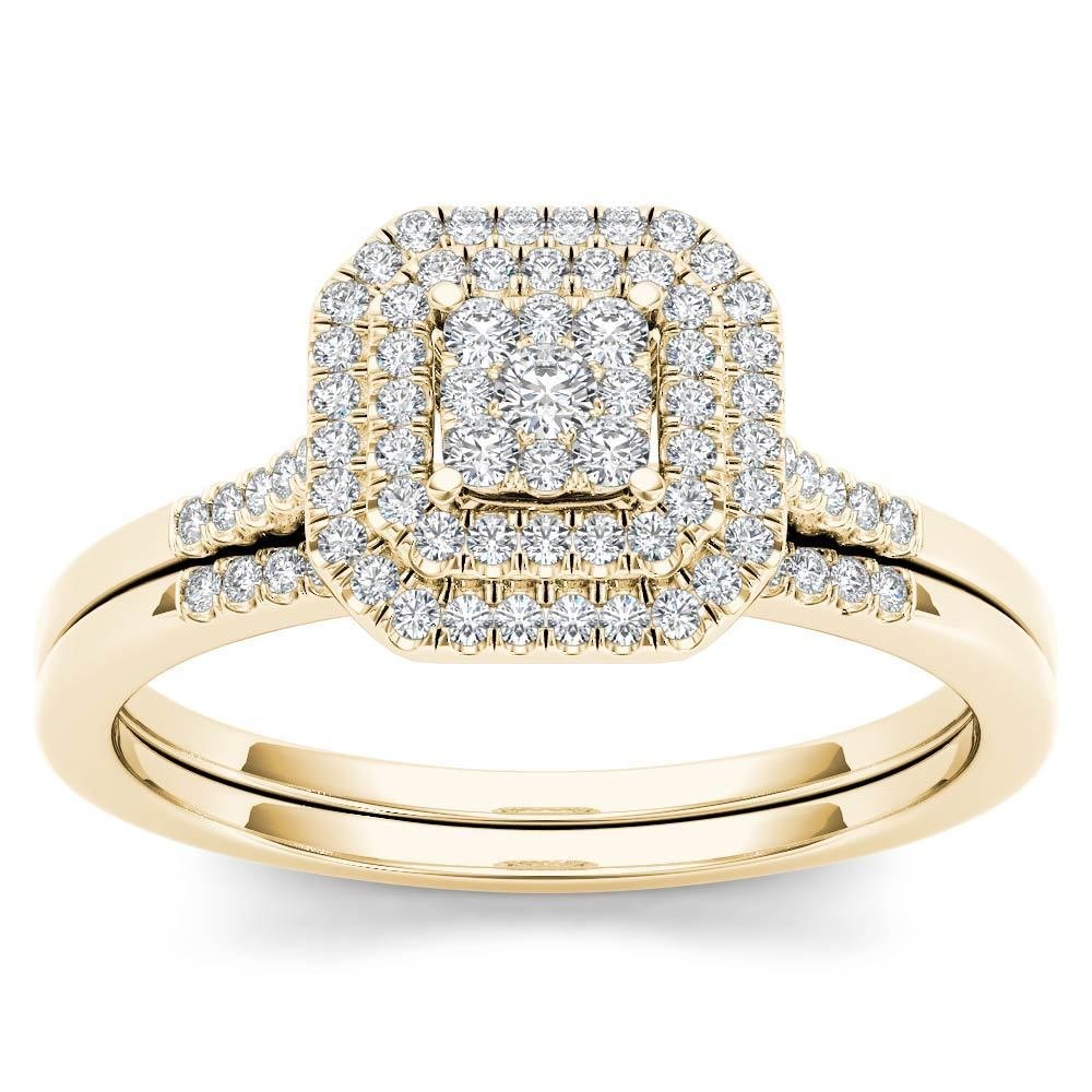 Solid 10k Yellow Gold 0.25Ct Natural Diamond Halo Engagement Ring Set HI.I2