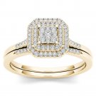 Solid 10k Yellow Gold 0.25Ct Natural Diamond Halo Engagement Ring Set HI.I2
