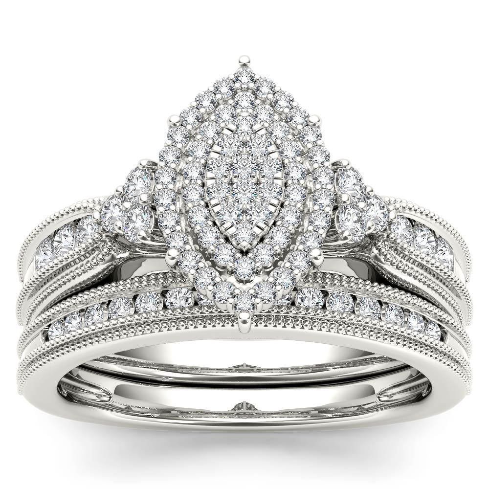 Solid 10k White Gold 0.50Ct Diamond Pear Shaped Cluster Halo Engagement Ring Set