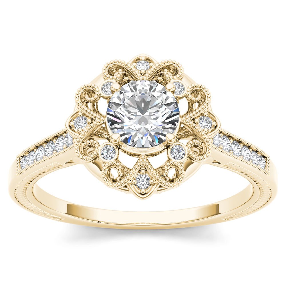 14k Yellow Gold 0.50 Ct Round Cut Diamond Flower Halo Engagement Ring HI I2 Size