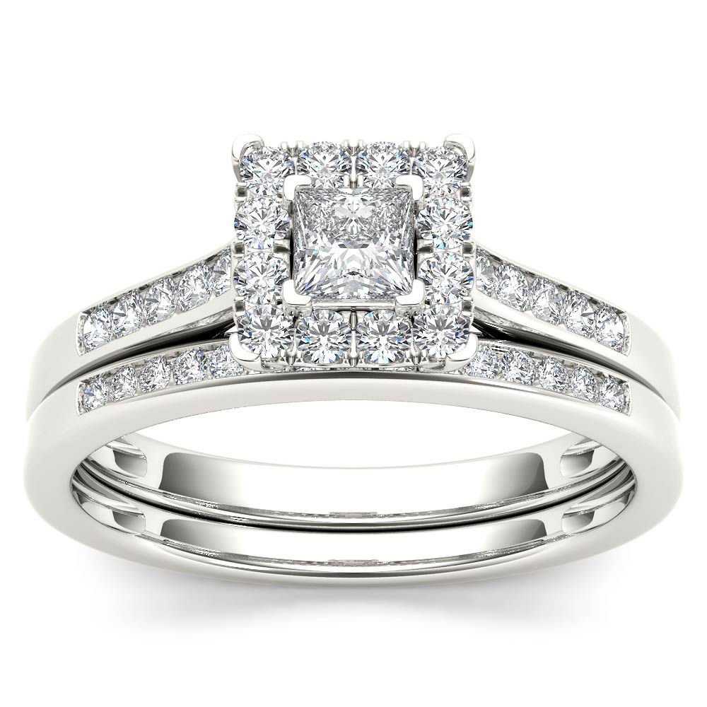10k White Gold 0.50 Ct Princess Cut Diamond Halo Engagement Ring Set HI I2 Size