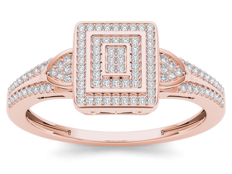 Natural 10k Rose Gold 0.25 Ct Round Cut Diamond Halo Engagement Wedding Ring
