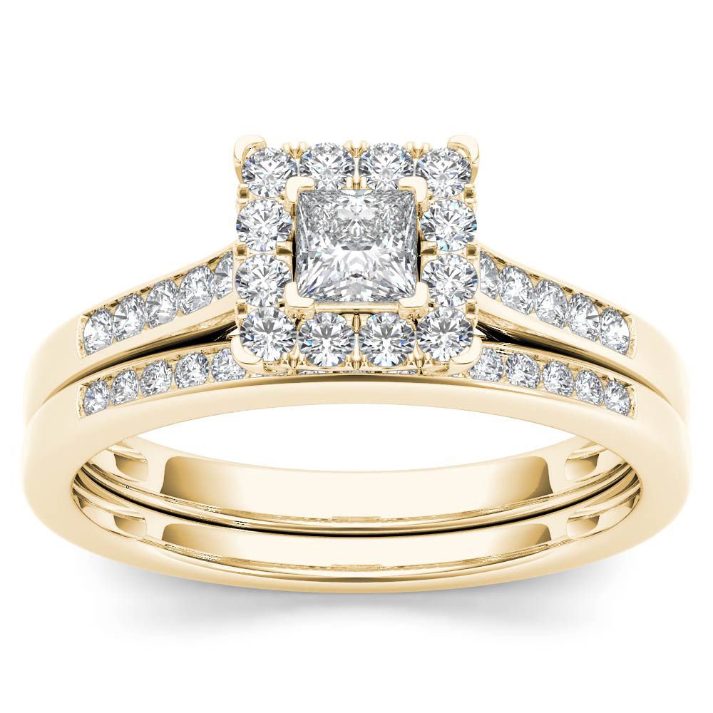 10k Yellow Gold 0.50 Ct Princess Cut Diamond Halo Engagement Ring Set HI I2 Size
