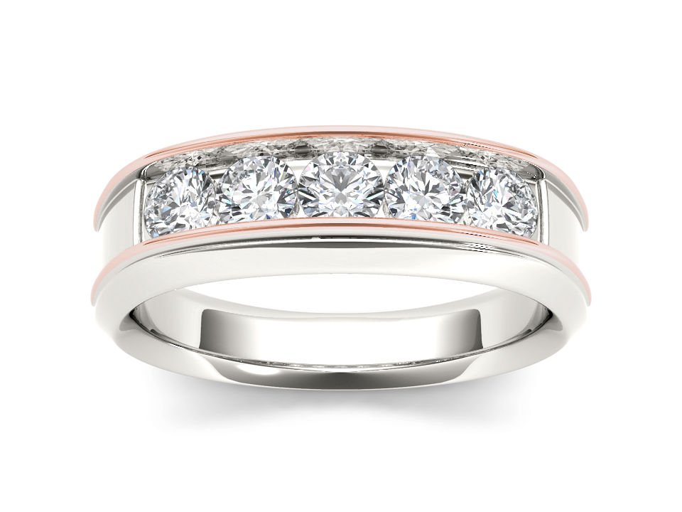14k Pink Two White Gold 1.00 Ct Round Diamond Five Stone Men's Wedding Band Ring