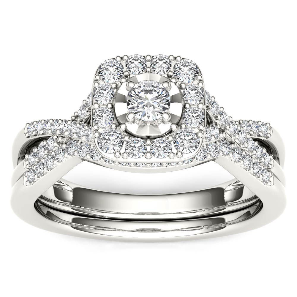 10k White Gold 0.40 Ct Round Cut Diamond Halo Engagement Ring Set HI I2 Size 7