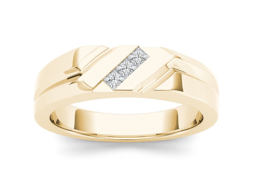 14k Yellow Gold 0.150 Ct Princess Diamond Men's Three Stone Wedding Band Ring HI