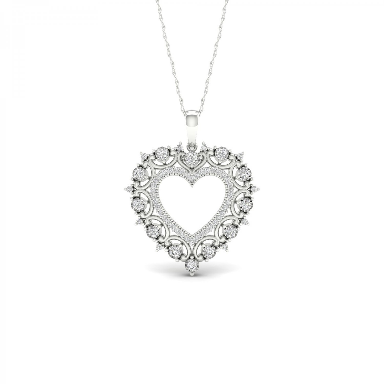 De Couer 10k White Gold 0.25ct TDW Diamond Heart Filigree Necklace (I-J, I2)