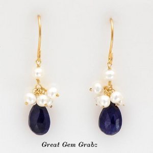 14K YG Pearl & 10.84 Ctw Genuine Blue Sapphire Earrings