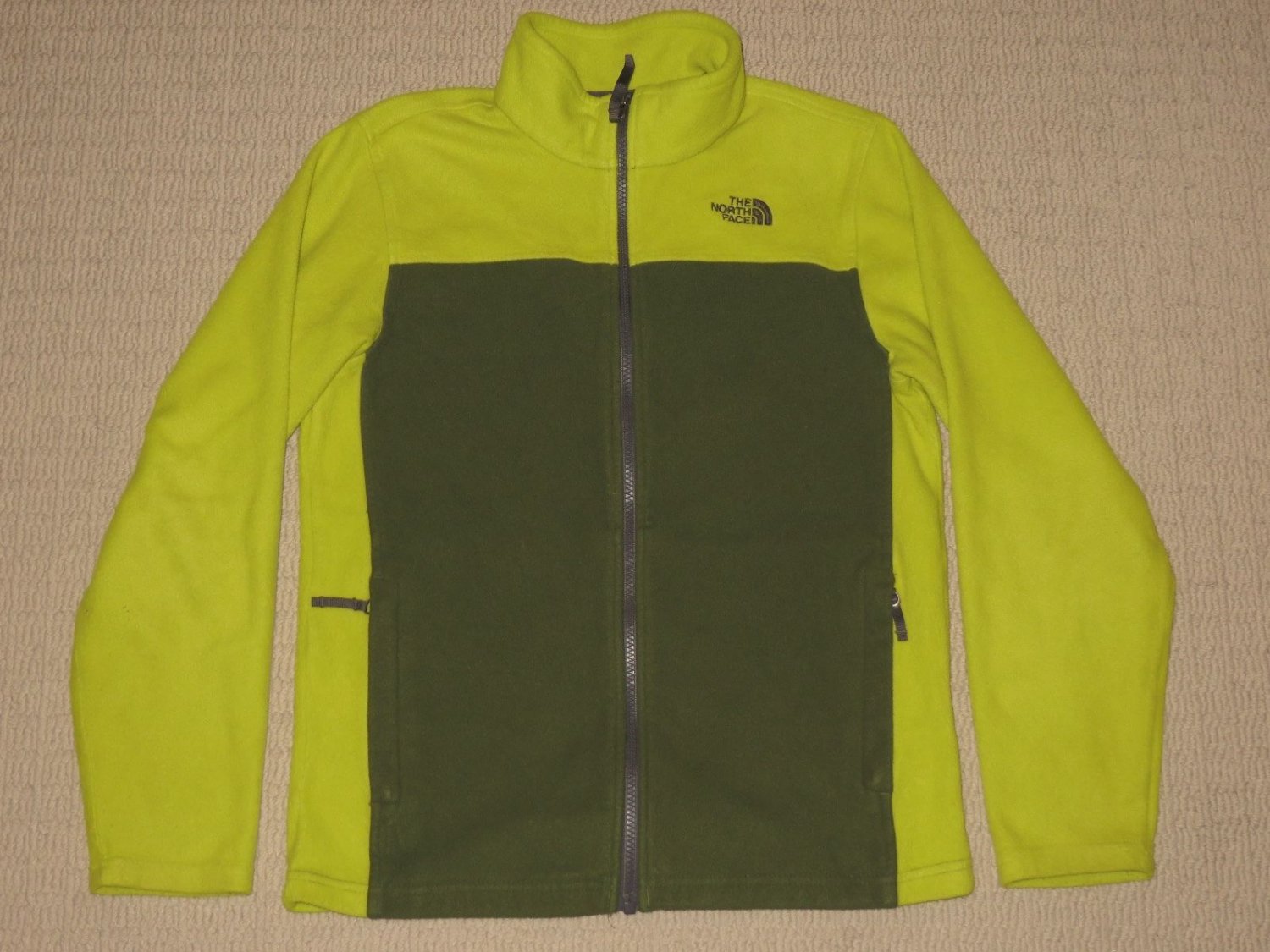 Boys The North Face Full Zip Fleece Jacket Coat Youth Large Green Lime 2 Pockets