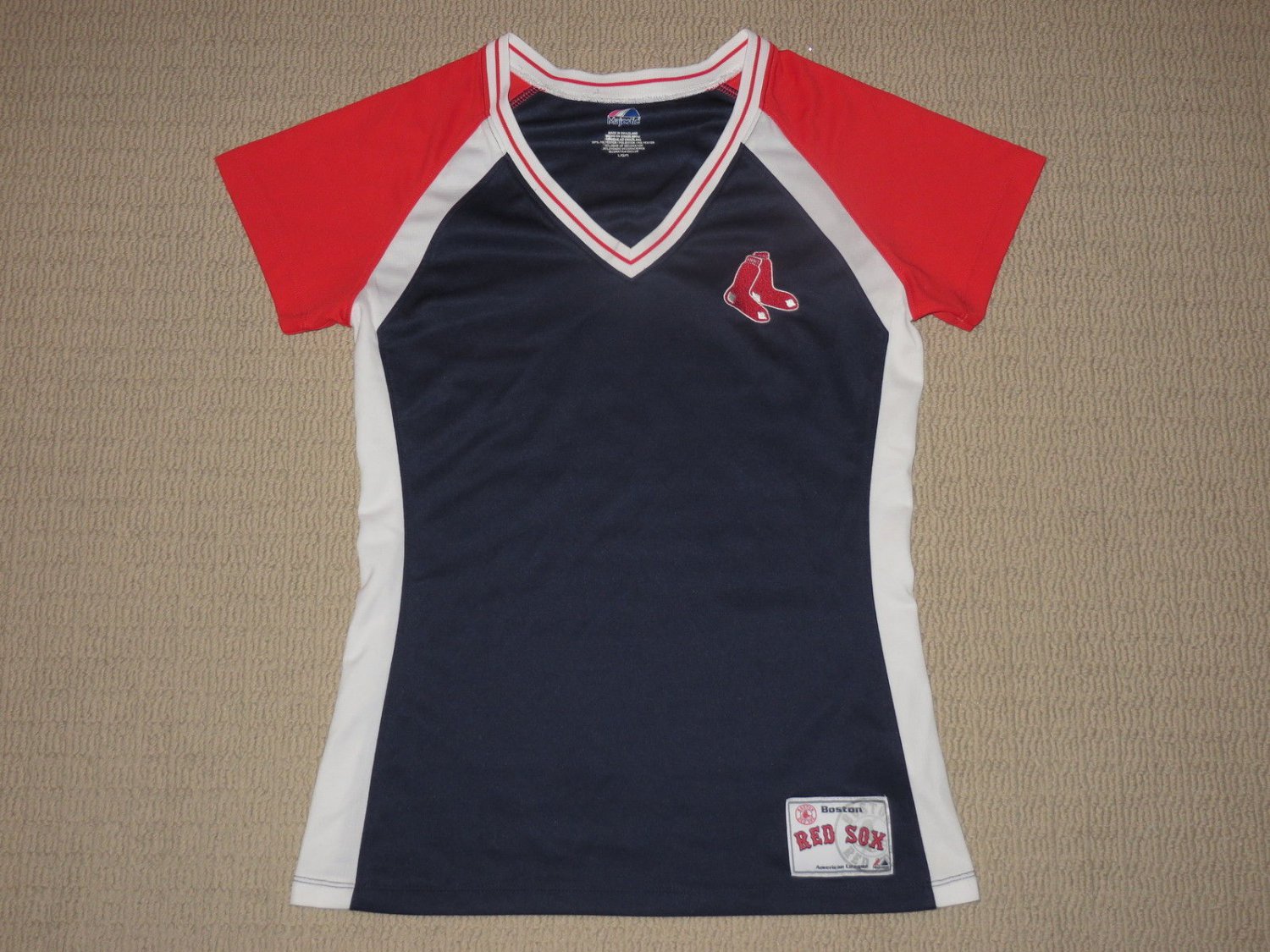 MLB Baseball Boston Red Sox Short Sleeve SS Shirt Womens Large Blue Majestic
