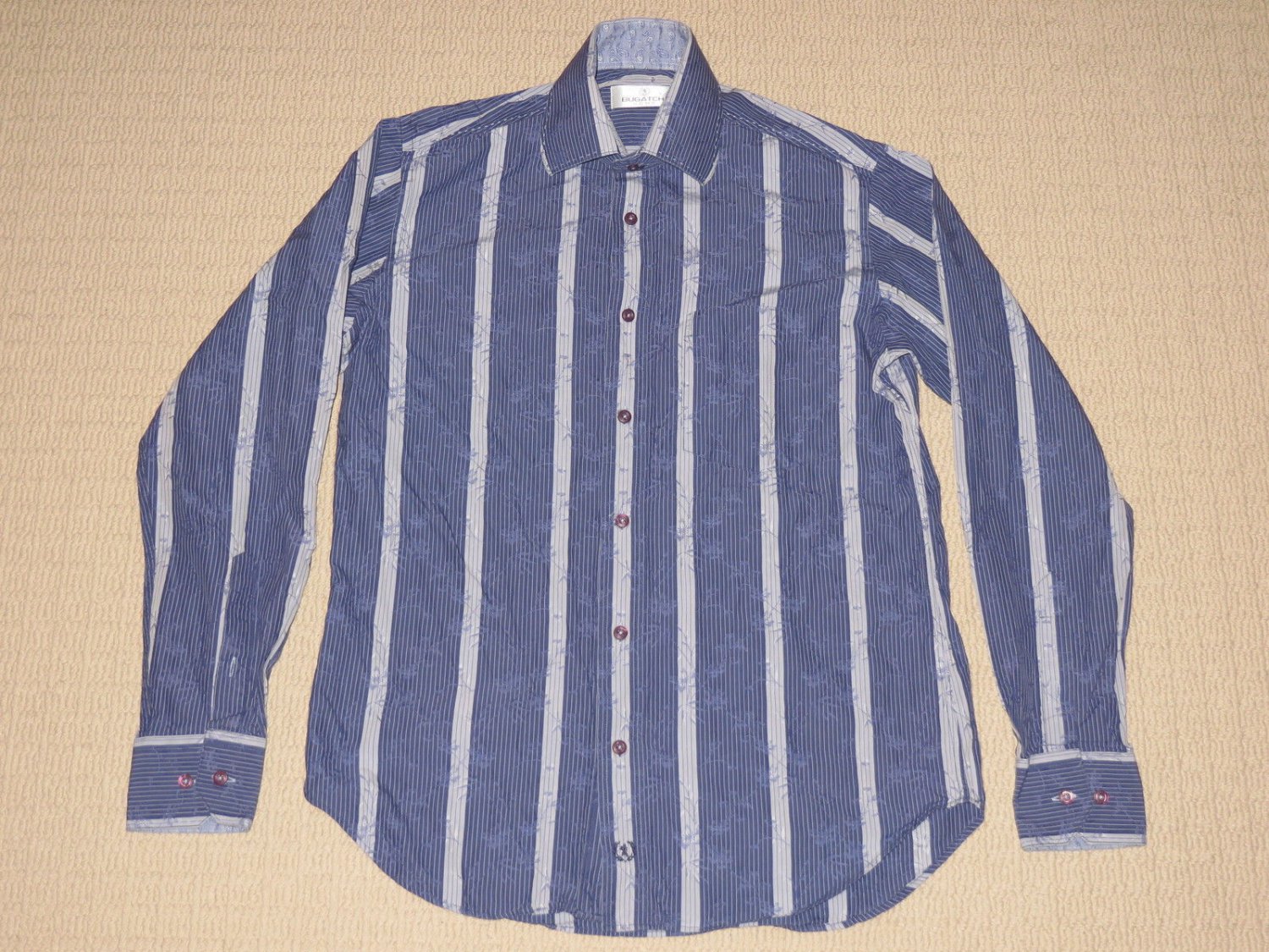 Mens Bugatchi Uomo Long Sleeve Dress Button Front Shirt Sz: 8 Striped Blue Gray