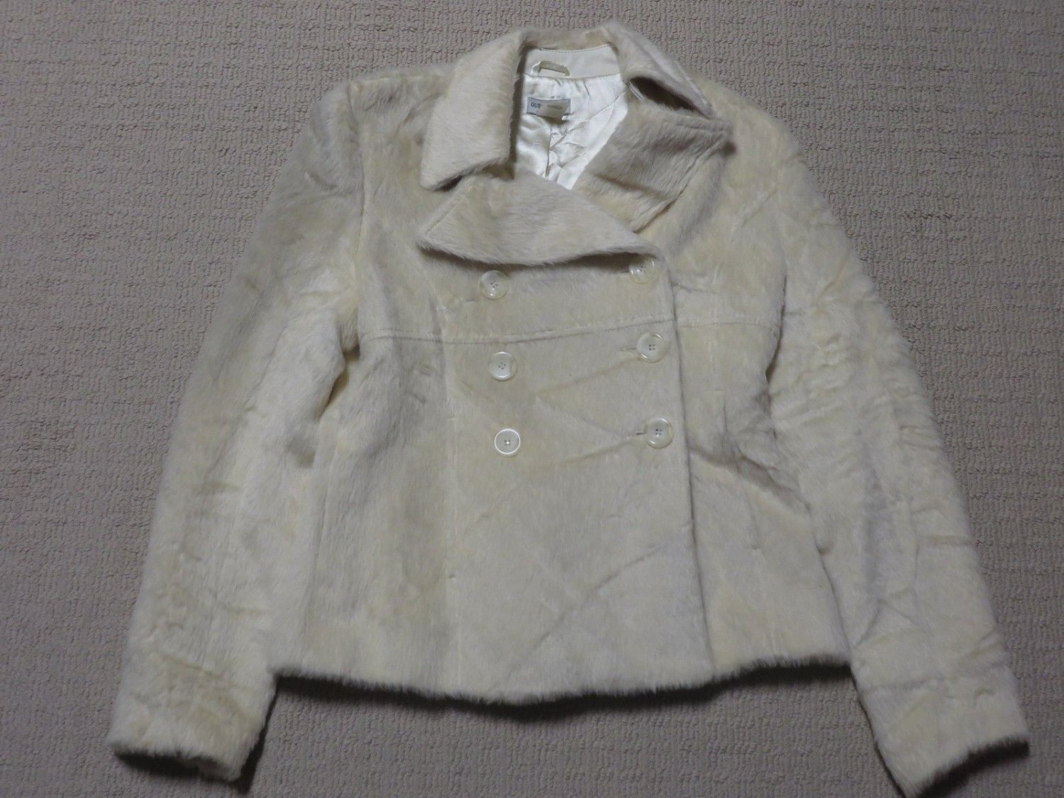 Womens GUESS Alpaca Wool Double Breast Faux Fur Coat Medium Beige 6 Buttons