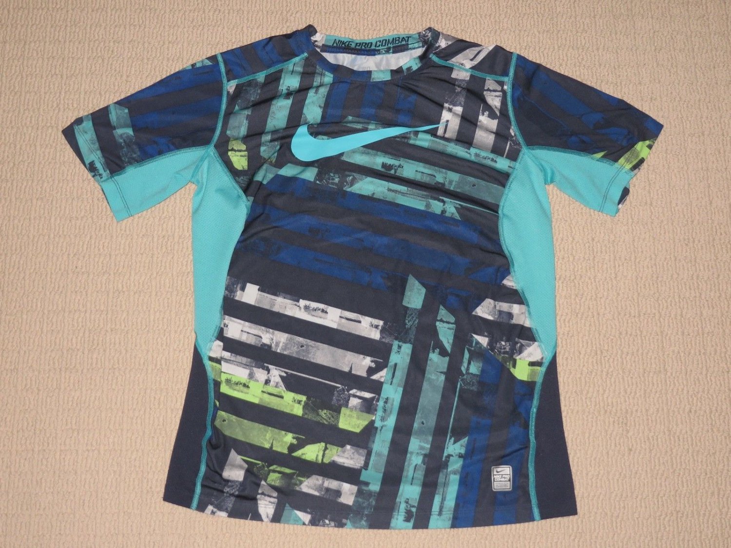 Mens Nike Pro Combat Dri-fit Fitted Short Sleeve SS Shirt XL XLarge Green Blue