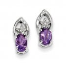Sterling Silver Rhodium Plated Diamond And Amethyst Post Earrings