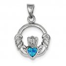 Sterling Silver Blue Inlay Created Opal Irish Claddagh Pendant