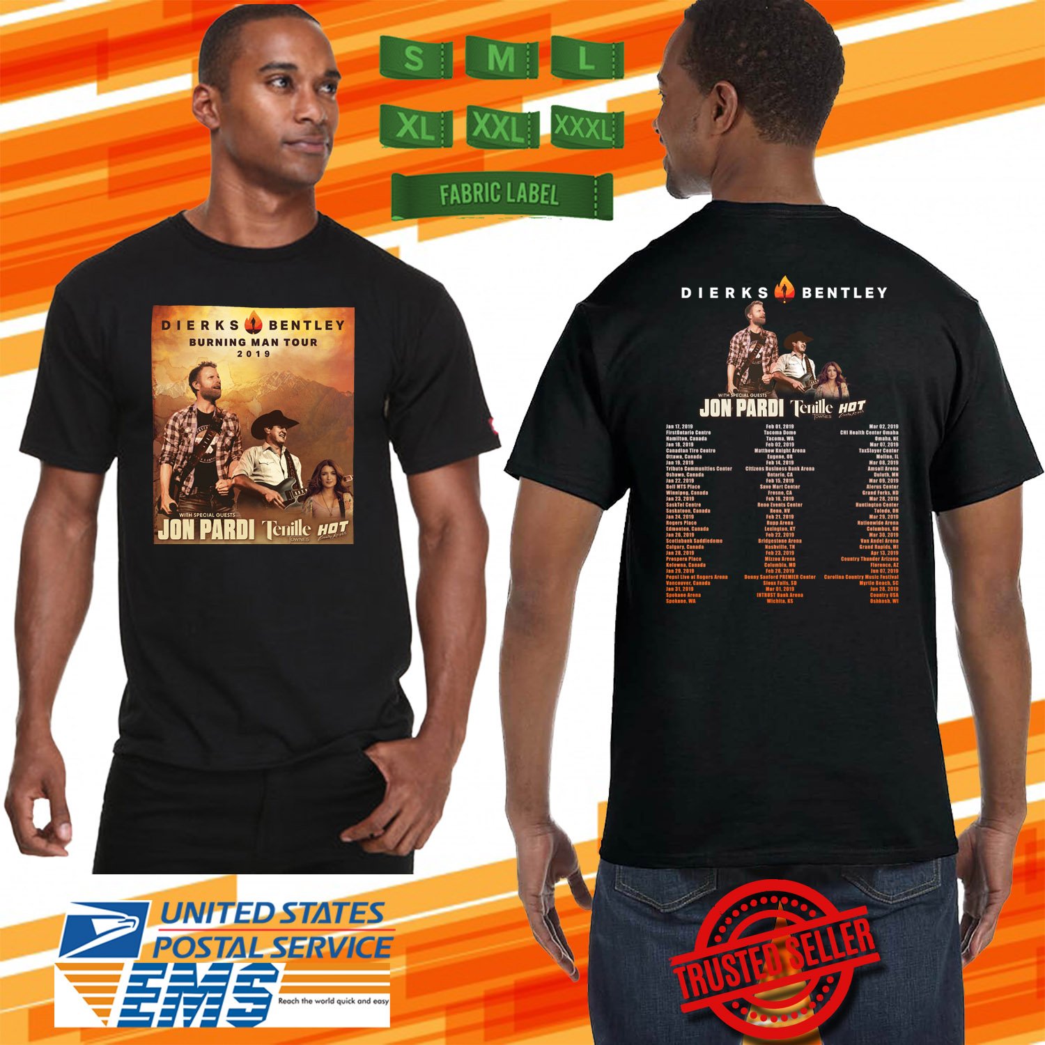 2019 LIVE DIERKS BENTLEY BURNING MAN TOUR BLACK TEE W DATE CODE LMN02