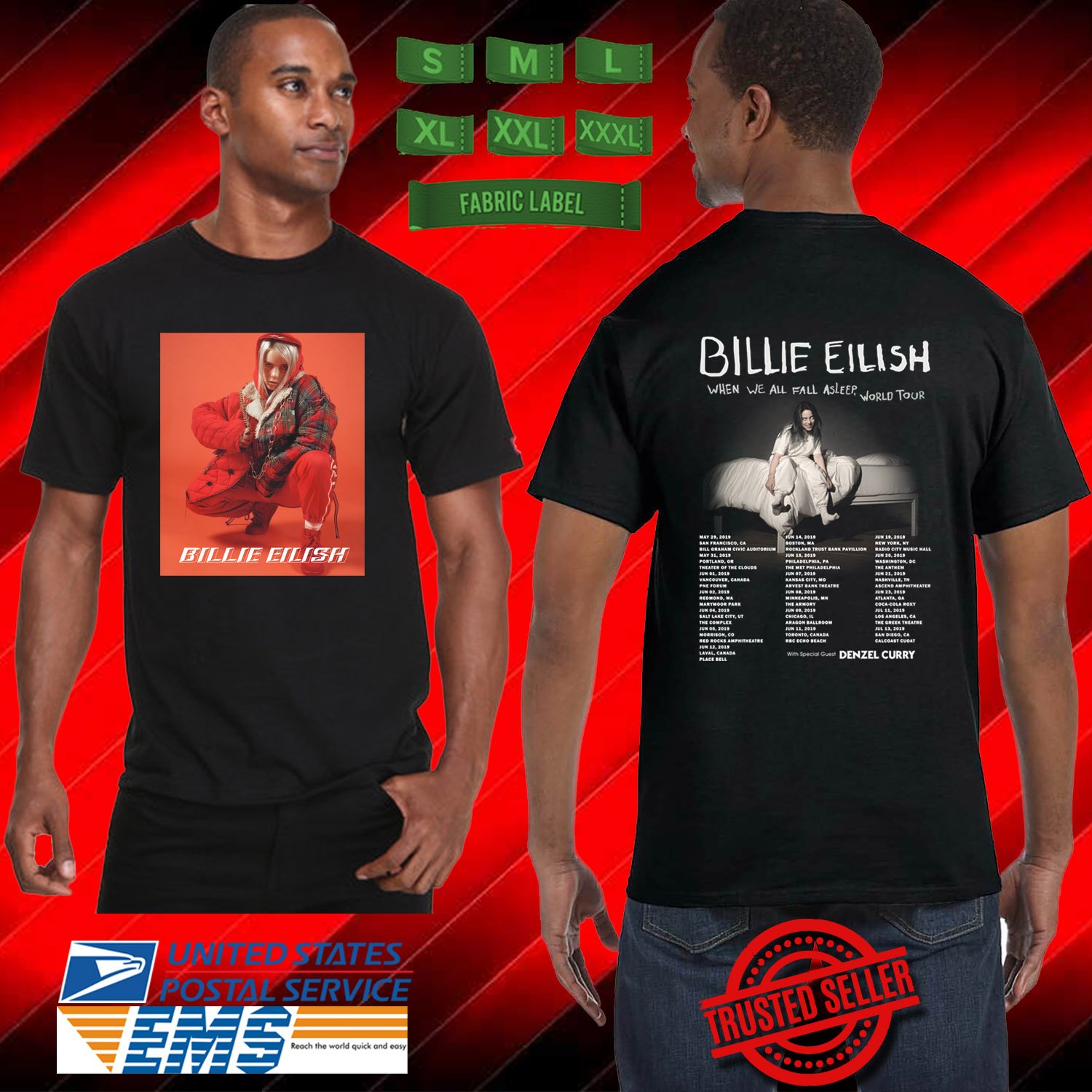 2019 LIVE BILLIE EILISH WHEN WE ALL FALL ASLEEP TOUR BLACK TEE W DATE ...