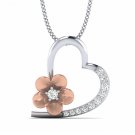 Two Tone Flower Heart Necklace White Gold 1/10ct Diamond Earrings for Women 18"