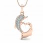 Two Dolphin Heart necklace 1/5ct diamond pendant for Women with 18" rope chain