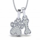Dog paw print bone pendant 1/7ct diamond gold necklace for women 18" rope chain