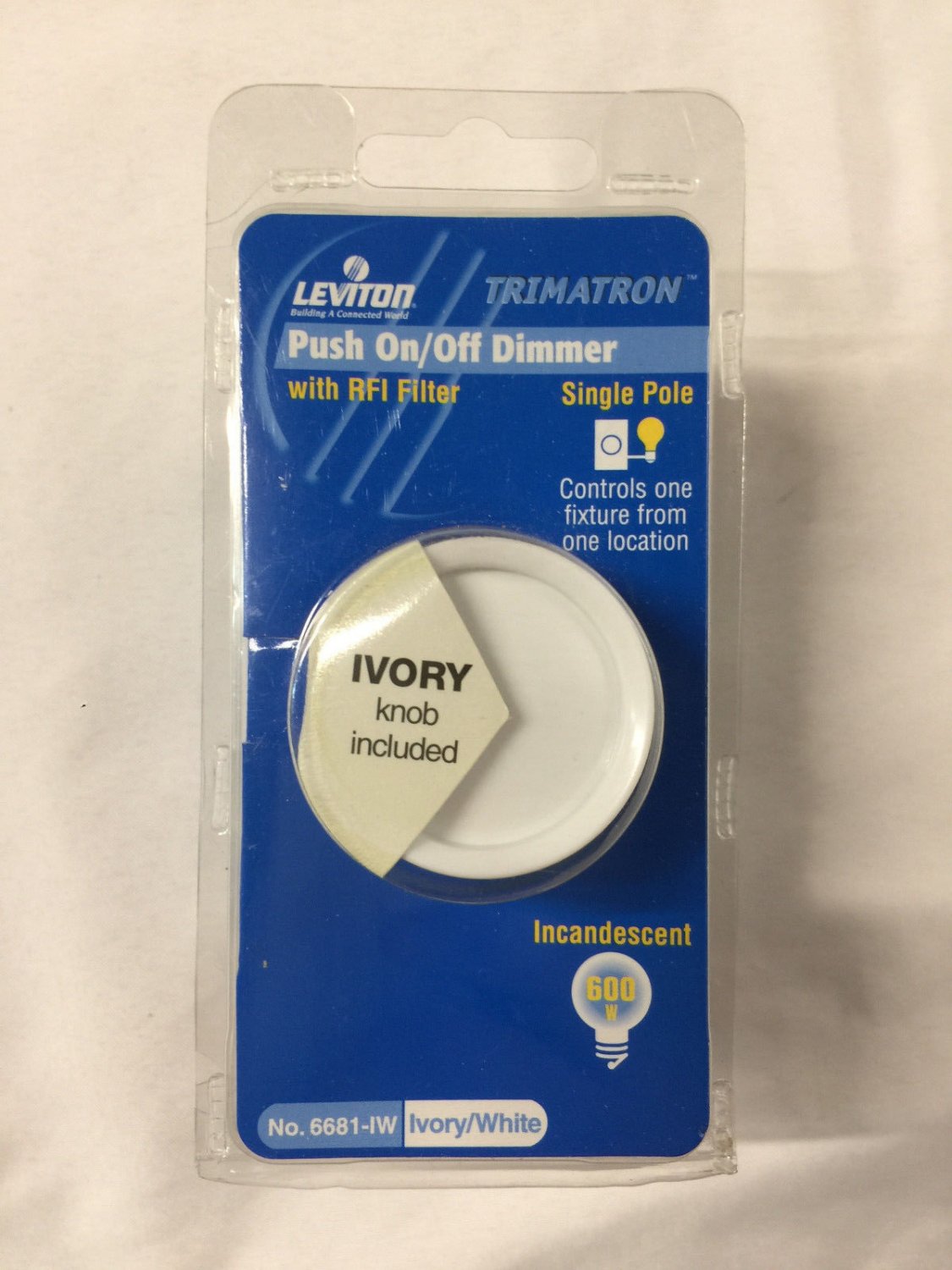 Leviton Push On / Off Dimmer (White & Ivory) *NEW* Incandescent 600W Unipolar