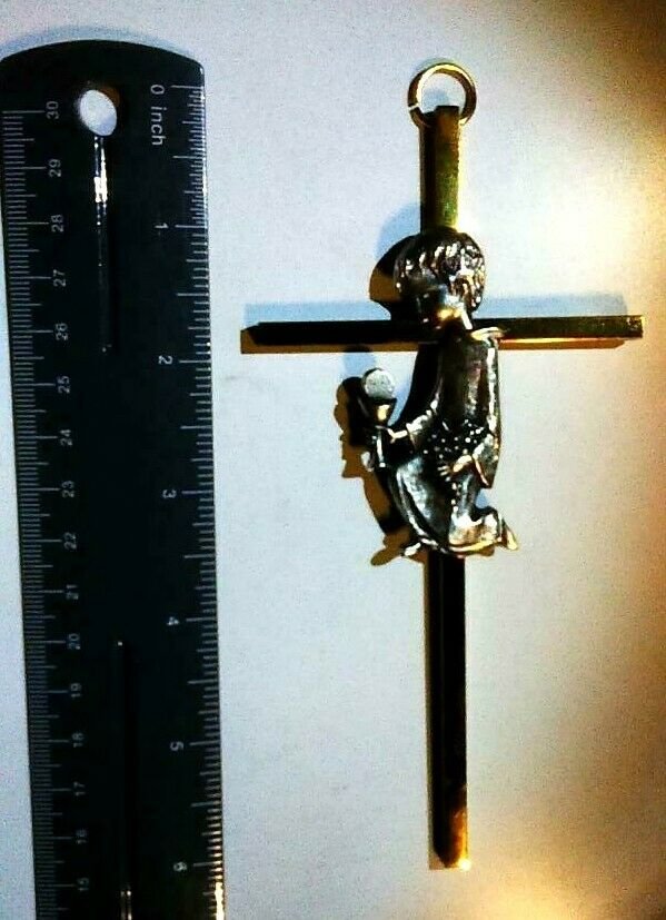 Kneeling Boy First Communion Wall Cross 7" SOLID BRASS CROSS VINTAGE Free Gift