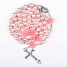 Catholic Pink Pearl Beads Rosary Necklace 6pcs Our Rose Holy Soil Medal & Cross