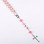 Catholic Pink Pearl Beads Rosary Necklace 6pcs Our Rose Holy Soil Medal & Cross