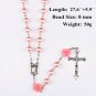 Catholic Pink Pearl Beads Rosary Necklace 6pcs Our Rose Holy Soil Medal & Cross